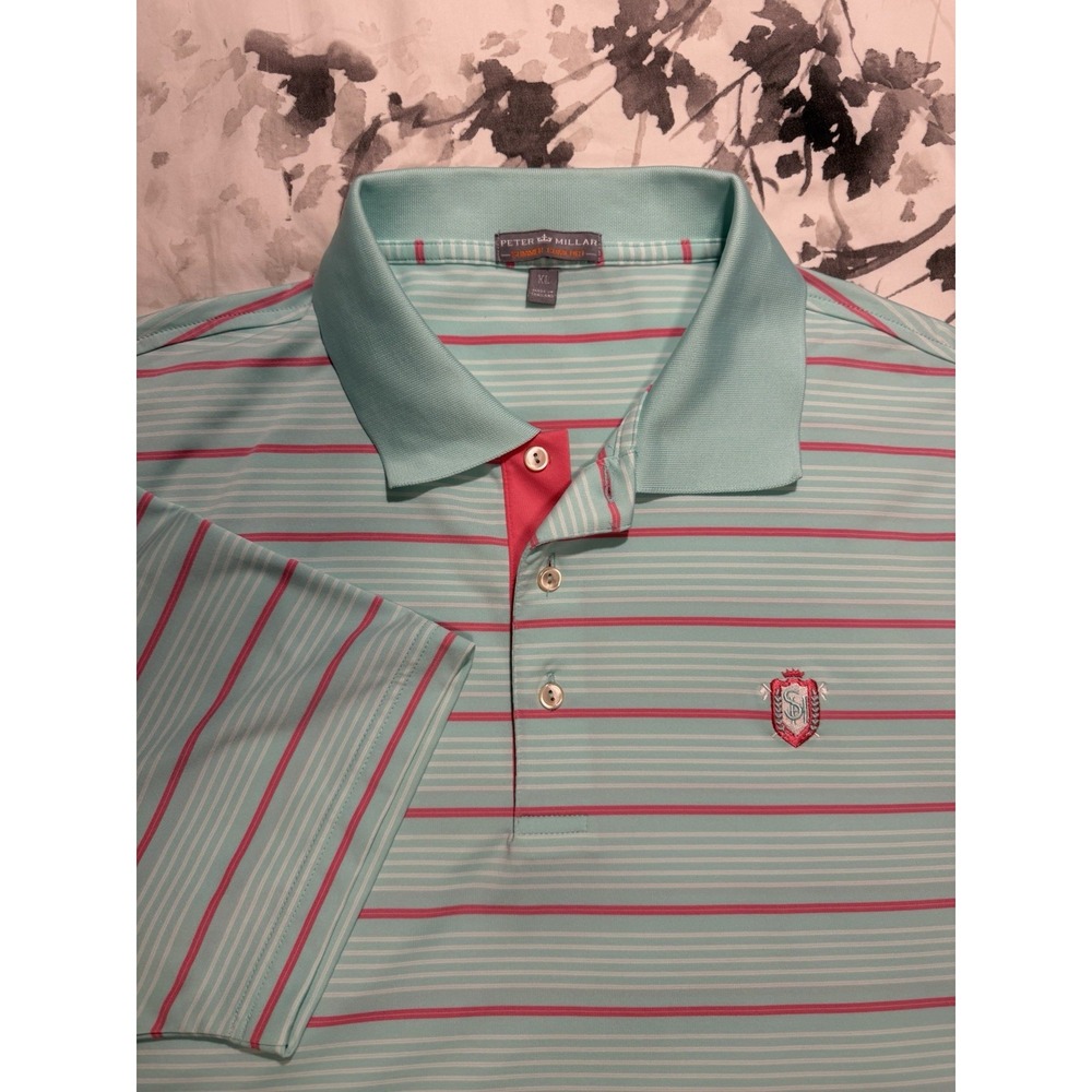 Peter Millar Summer Comfort Aqua Pink Striped Golf Polo Shirt Pearl Button